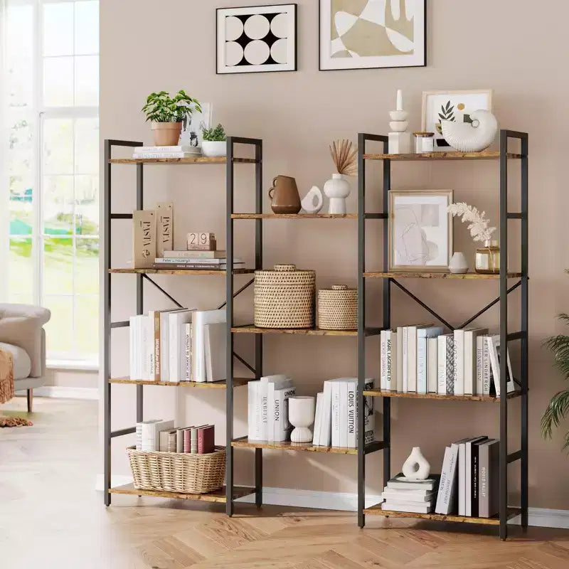 Étagère bibliothèque industrielle triple largeur noire/marron, 4 niveaux de rangement ouverts