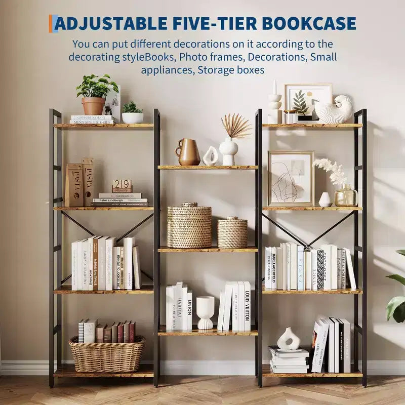 Étagère bibliothèque industrielle triple largeur noire/marron, 4 niveaux de rangement ouverts
