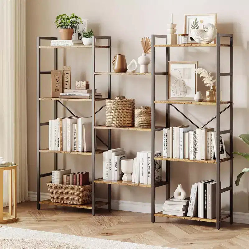 Étagère bibliothèque industrielle triple largeur noire/marron, 4 niveaux de rangement ouverts