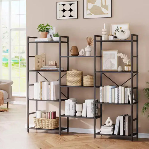 Étagère bibliothèque industrielle triple largeur noire/marron, 4 niveaux de rangement ouverts