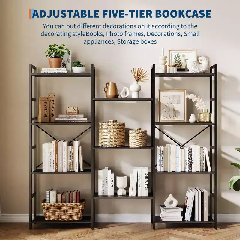 Étagère bibliothèque industrielle triple largeur noire/marron, 4 niveaux de rangement ouverts