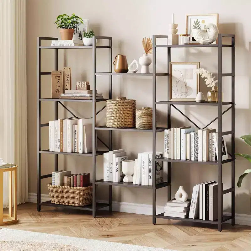 Étagère bibliothèque industrielle triple largeur noire/marron, 4 niveaux de rangement ouverts