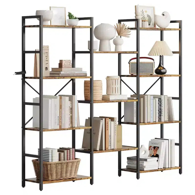 Étagère bibliothèque industrielle triple largeur noire/marron, 4 niveaux de rangement ouverts