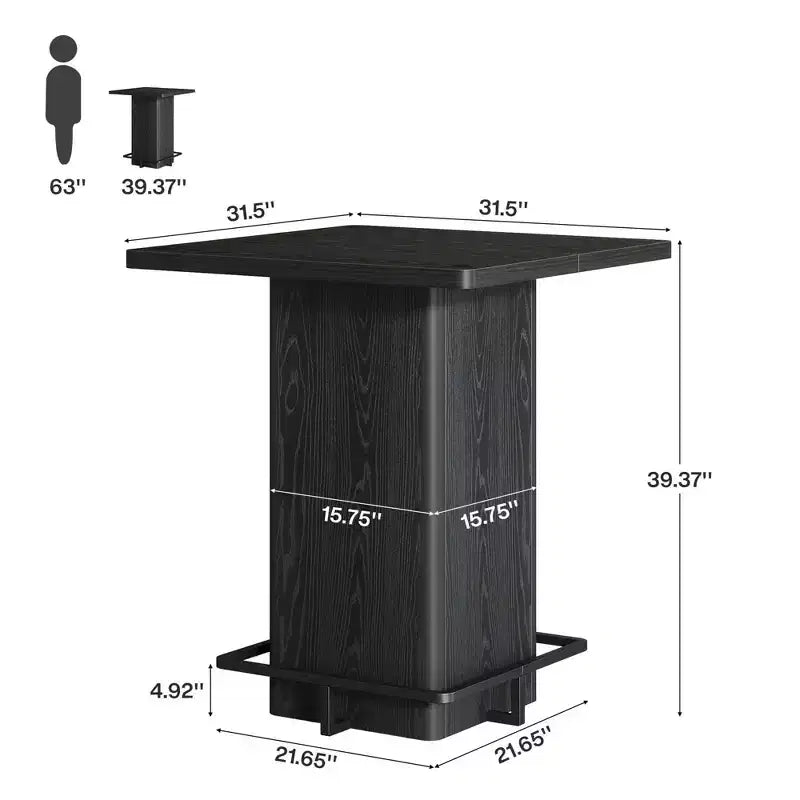Table de bar carrée noire, plateau MDF, 2-4 personnes