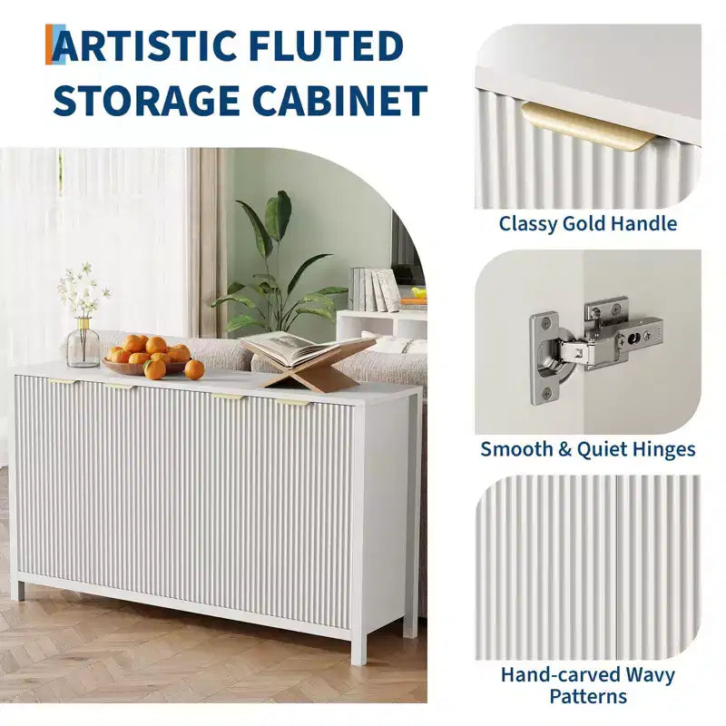 Buffet cannelé 4 portes marron/blanc 55 po, avec étagères réglables
