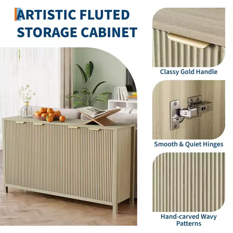 Buffet cannelé 4 portes marron/blanc 55 po, avec étagères réglables