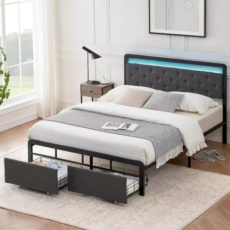 1-Piece Queen Upholstered Storage Bed - 2 Drawers & Button Tufted Headboard, LED Lights with Wood Slats, No Box Spring Needed