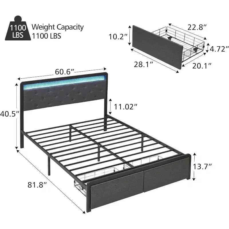 Lit de rangement Queen tapissé gris lin avec tête de lit LED et 2 tiroirs – 1 personne
