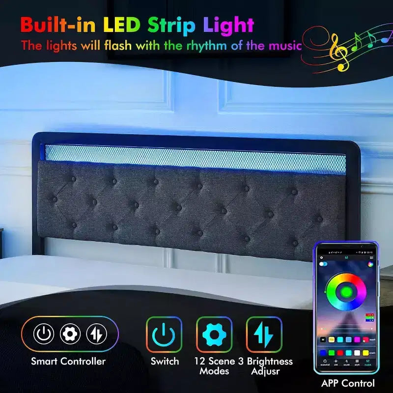 Lit de rangement Queen tapissé gris lin avec tête de lit LED et 2 tiroirs – 1 personne