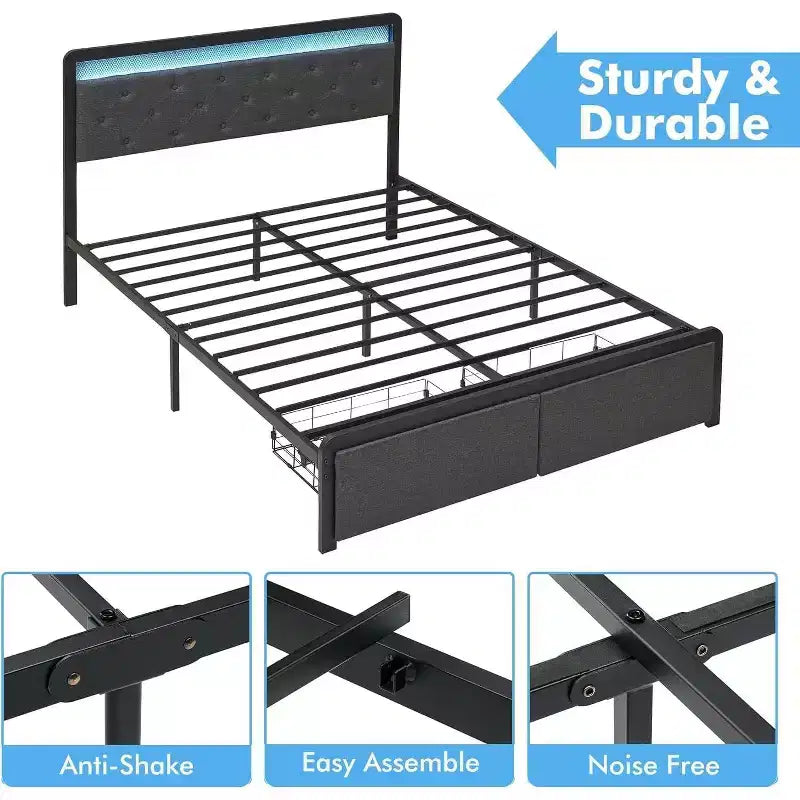 Lit de rangement Queen tapissé gris lin avec tête de lit LED et 2 tiroirs – 1 personne