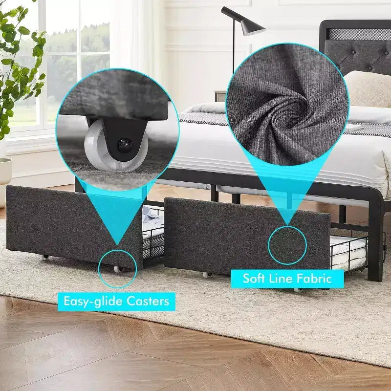 Lit de rangement Queen tapissé gris lin avec tête de lit LED et 2 tiroirs – 1 personne