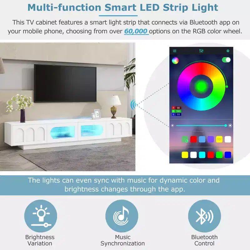 Meuble TV en MDF noir avec éclairage RGB et portes de placard cintrées, compatible jusqu'à 95"