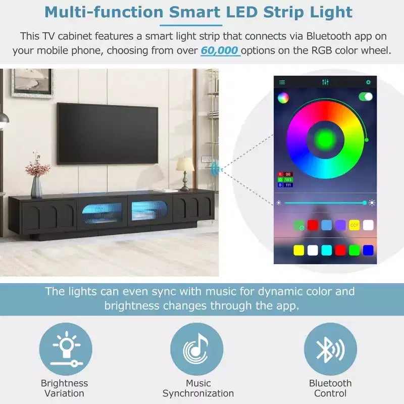 Meuble TV en MDF noir avec éclairage RGB et portes de placard cintrées, compatible jusqu'à 95"