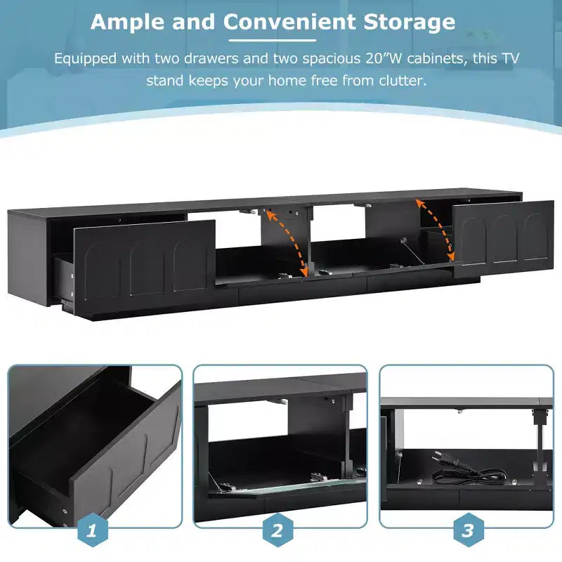 Meuble TV en MDF noir avec éclairage RGB et portes de placard cintrées, compatible jusqu'à 95"