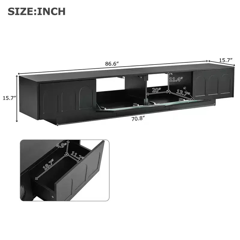 Meuble TV en MDF noir avec éclairage RGB et portes de placard cintrées, compatible jusqu'à 95"
