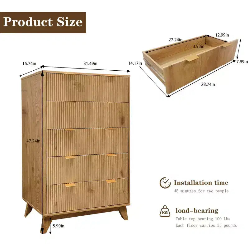 Commode 5 tiroirs cannelés en bois, 119 cm de haut, 1 personne