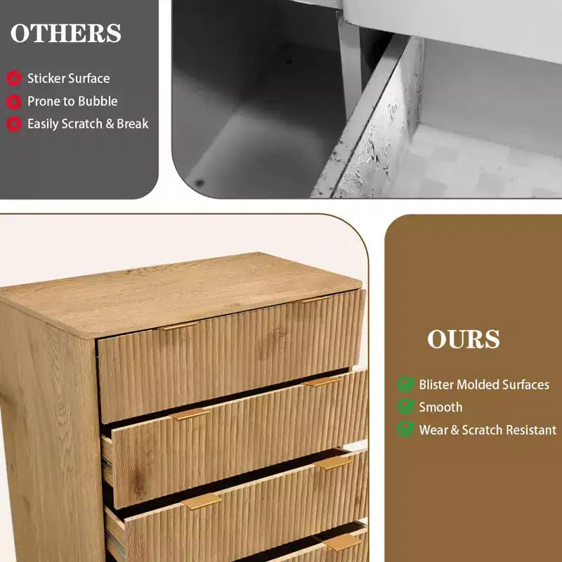 Commode 5 tiroirs cannelés en bois, 119 cm de haut, 1 personne