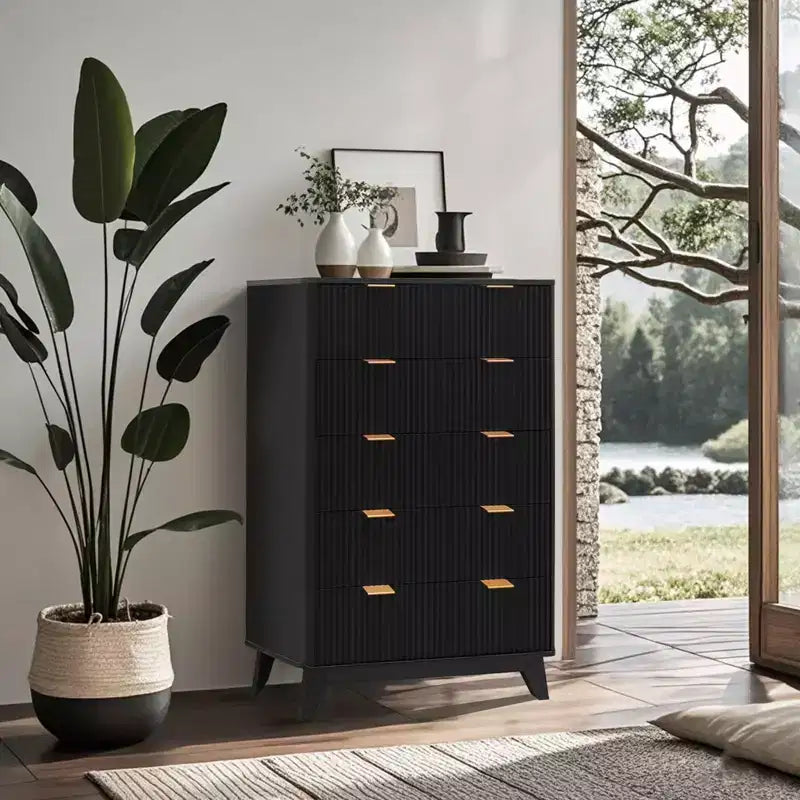 Commode 5 tiroirs cannelés en bois, 119 cm de haut, 1 personne