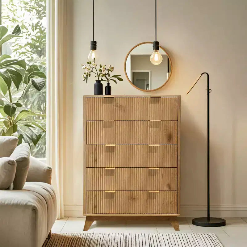 Commode 5 tiroirs cannelés en bois, 119 cm de haut, 1 personne