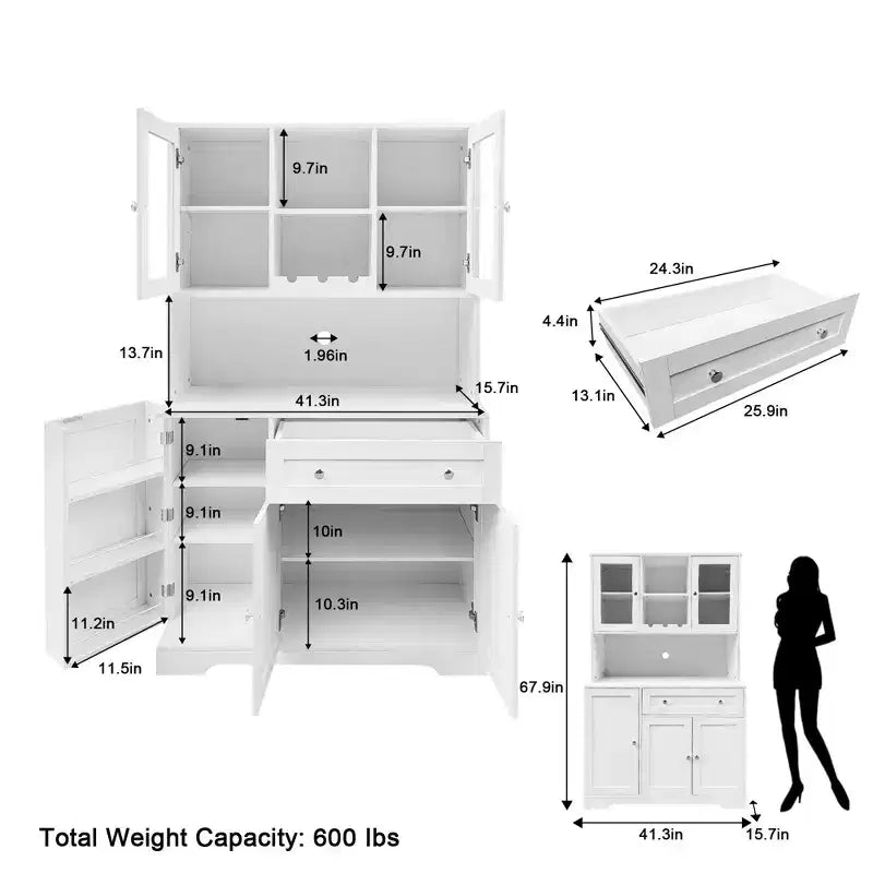 Armoire de cuisine autoportante en bois blanc avec tiroir, 5 portes, 172,5 cm