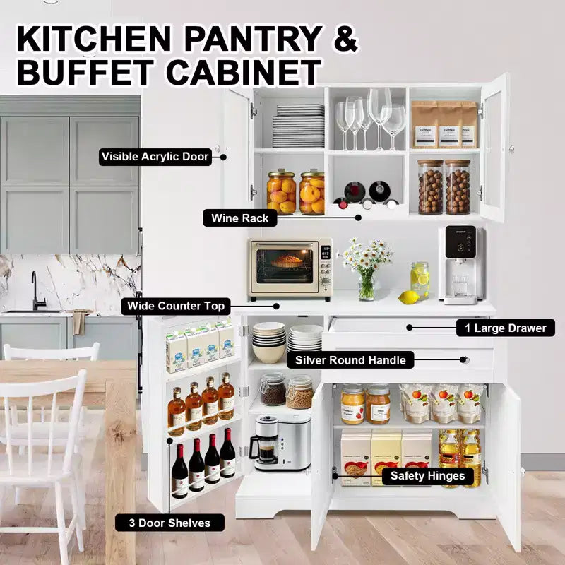 Armoire de cuisine autoportante en bois blanc avec tiroir, 5 portes, 172,5 cm