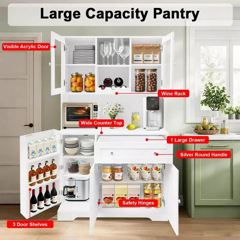 Armoire de cuisine autoportante en bois blanc avec tiroir, 5 portes, 172,5 cm