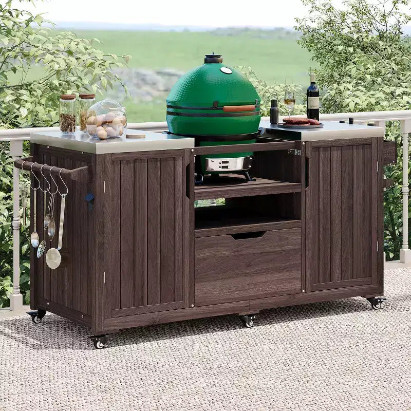 Chariot de barbecue extérieur noir/marron/bleu ardoise, dessus en acier inoxydable, 169 cm
