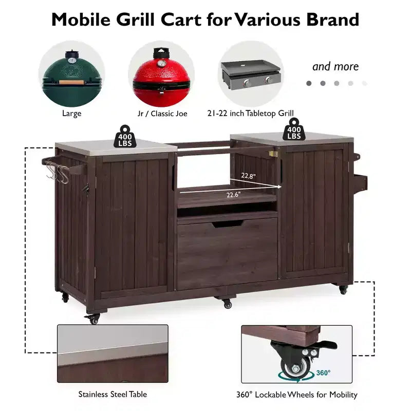 Chariot de barbecue extérieur noir/marron/bleu ardoise, dessus en acier inoxydable, 169 cm