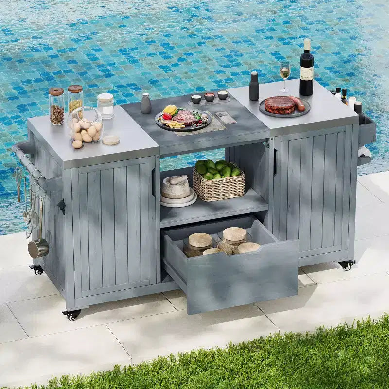 Chariot de barbecue extérieur noir/marron/bleu ardoise, dessus en acier inoxydable, 169 cm