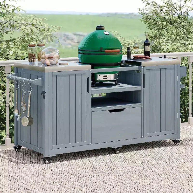 Chariot de barbecue extérieur noir/marron/bleu ardoise, dessus en acier inoxydable, 169 cm