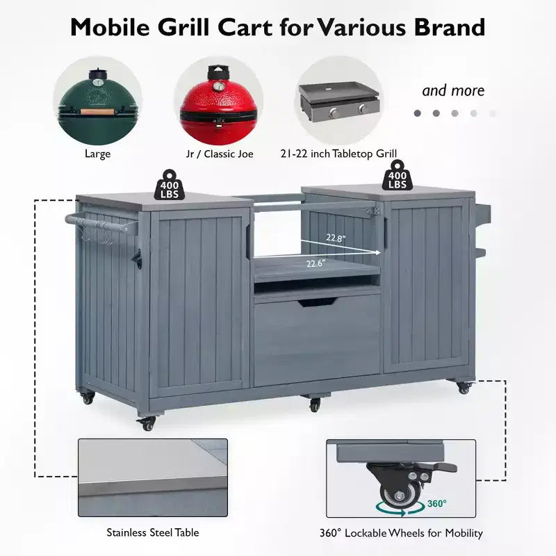 Chariot de barbecue extérieur noir/marron/bleu ardoise, dessus en acier inoxydable, 169 cm