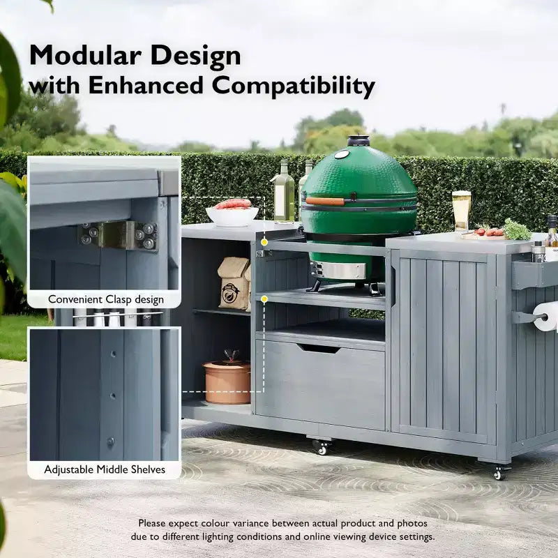 Chariot de barbecue extérieur noir/marron/bleu ardoise, dessus en acier inoxydable, 169 cm