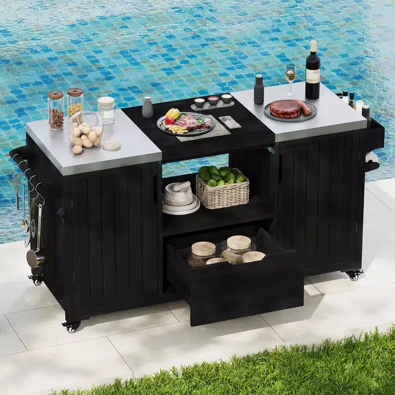 Chariot de barbecue extérieur noir/marron/bleu ardoise, dessus en acier inoxydable, 169 cm