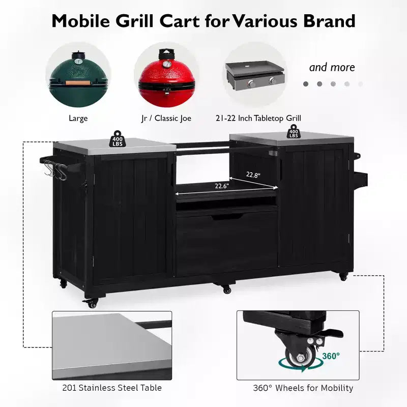 Chariot de barbecue extérieur noir/marron/bleu ardoise, dessus en acier inoxydable, 169 cm
