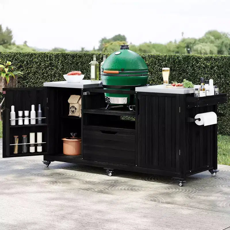66.5 inch Black Outdoor Kitchen Island for Big Green Egg Grills, Solid Wood Outdoor Grill Cart for Tabletop Grill with Stainless Steel Top