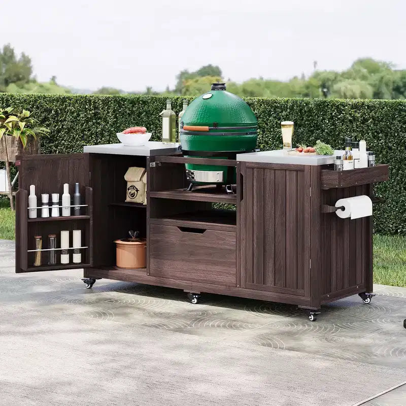 Chariot de barbecue extérieur noir/marron/bleu ardoise, dessus en acier inoxydable, 169 cm