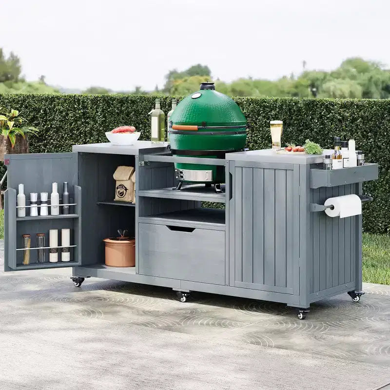 Chariot de barbecue extérieur noir/marron/bleu ardoise, dessus en acier inoxydable, 169 cm