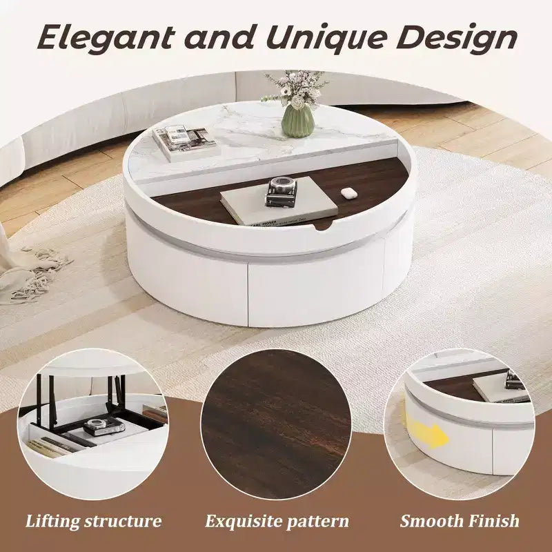 Table basse ronde relevable avec tiroir, coloris blanc et noyer, 1 personne