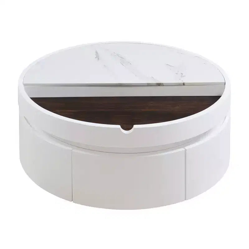 Table basse ronde relevable avec tiroir, coloris blanc et noyer, 1 personne