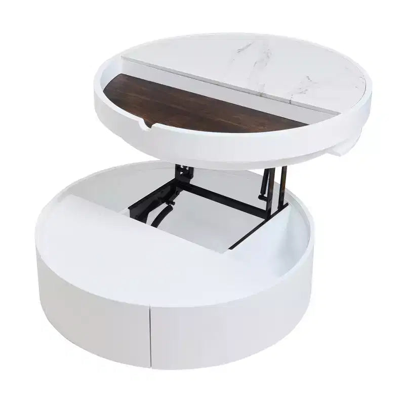 Table basse ronde relevable avec tiroir, coloris blanc et noyer, 1 personne