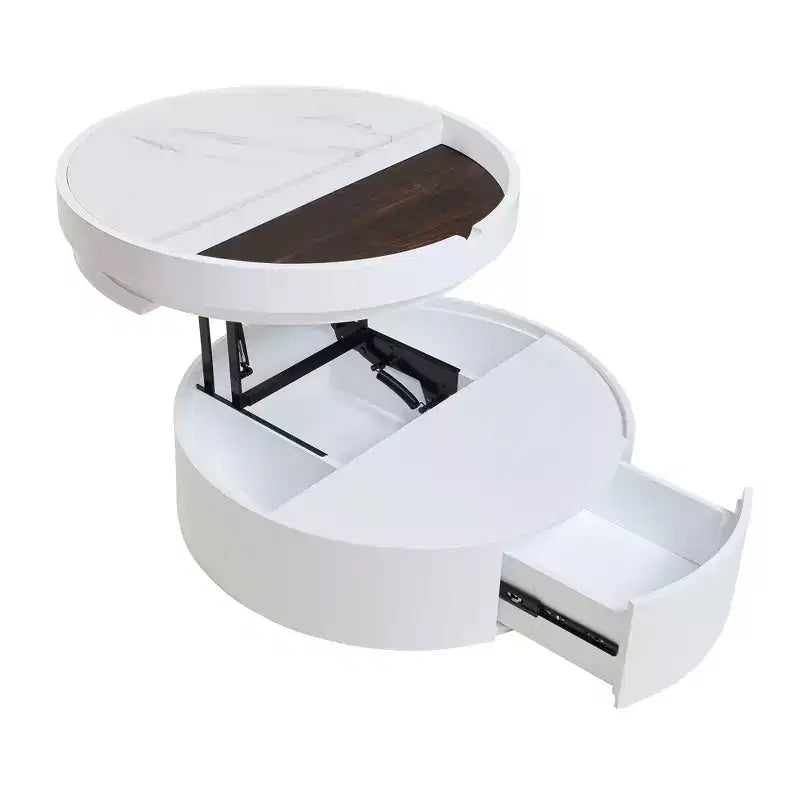 Table basse ronde relevable avec tiroir, coloris blanc et noyer, 1 personne