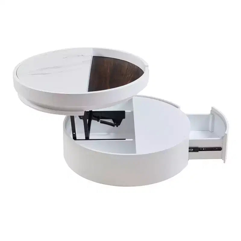 Table basse ronde relevable avec tiroir, coloris blanc et noyer, 1 personne