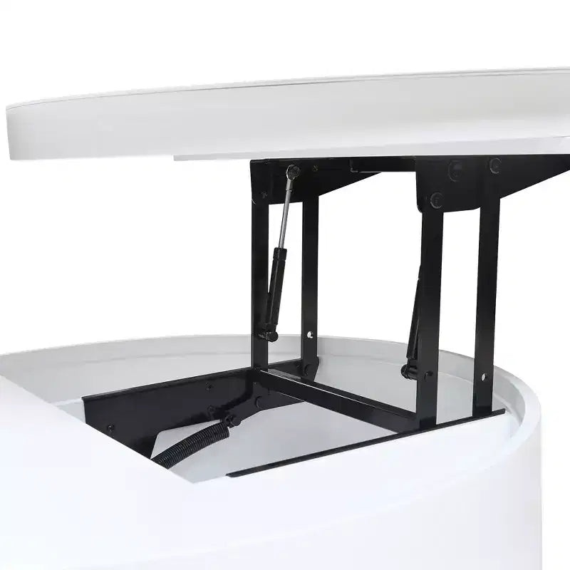 Table basse ronde relevable avec tiroir, coloris blanc et noyer, 1 personne
