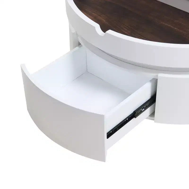 Table basse ronde relevable avec tiroir, coloris blanc et noyer, 1 personne