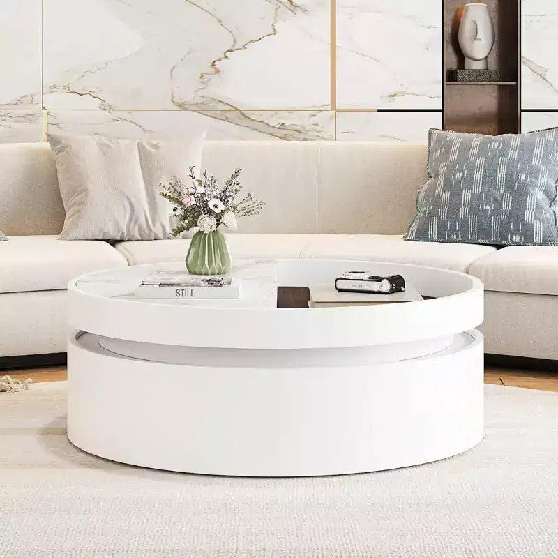 Table basse ronde relevable avec tiroir, coloris blanc et noyer, 1 personne