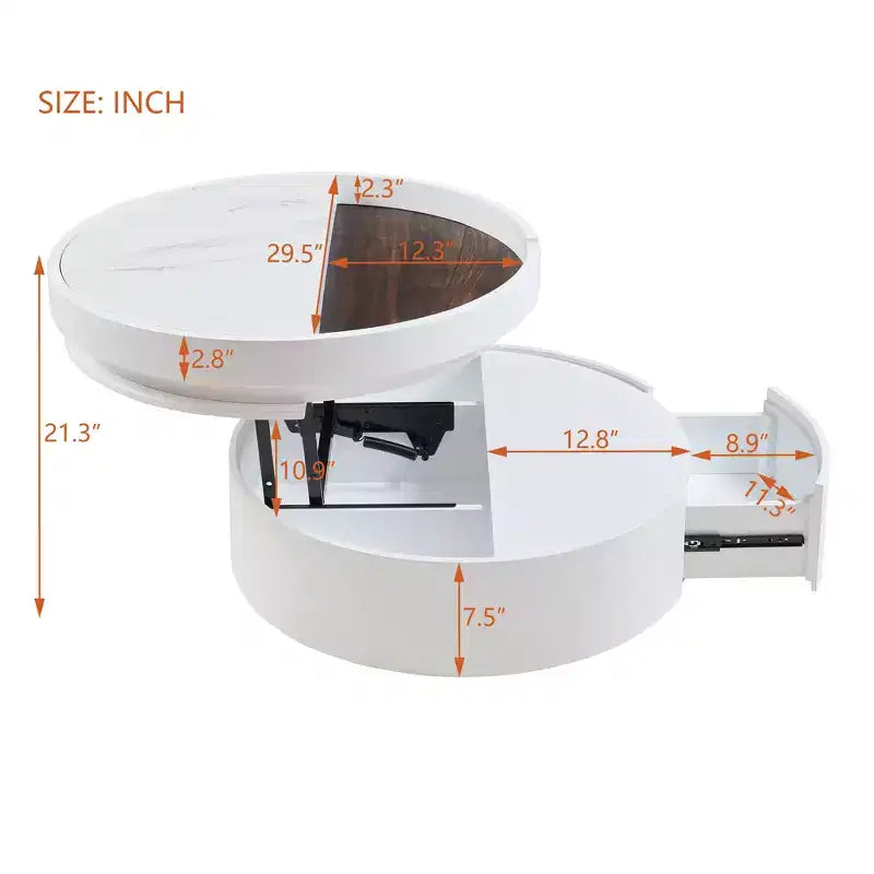 Table basse ronde relevable avec tiroir, coloris blanc et noyer, 1 personne