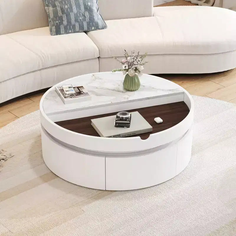 Table basse ronde relevable avec tiroir, coloris blanc et noyer, 1 personne