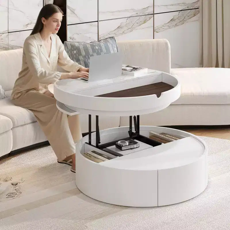 Table basse ronde relevable avec tiroir, coloris blanc et noyer, 1 personne