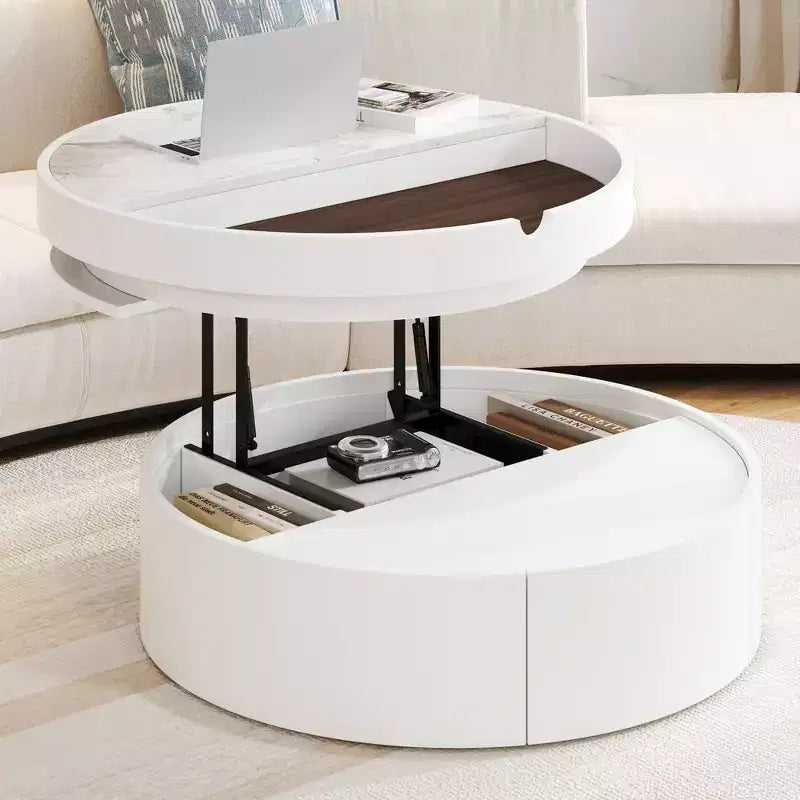 Table basse ronde relevable avec tiroir, coloris blanc et noyer, 1 personne