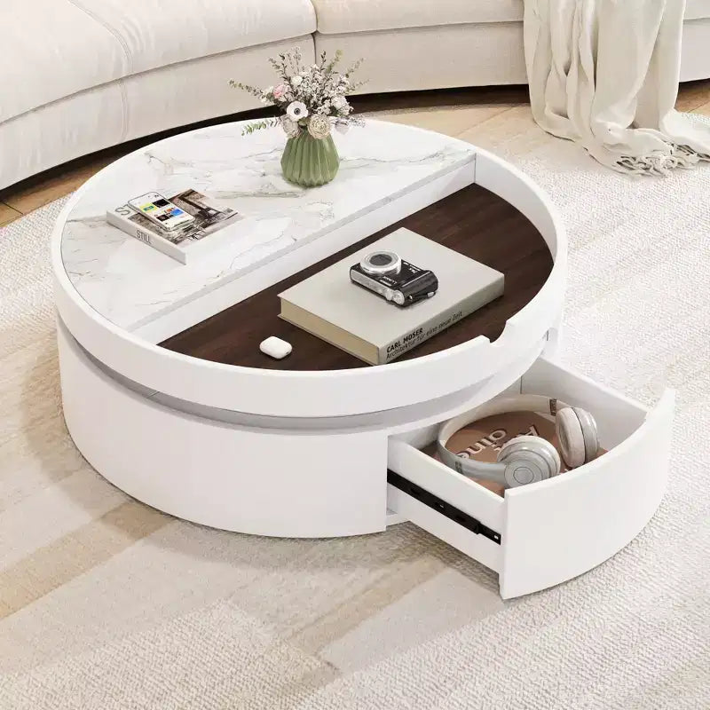 Table basse ronde relevable avec tiroir, coloris blanc et noyer, 1 personne